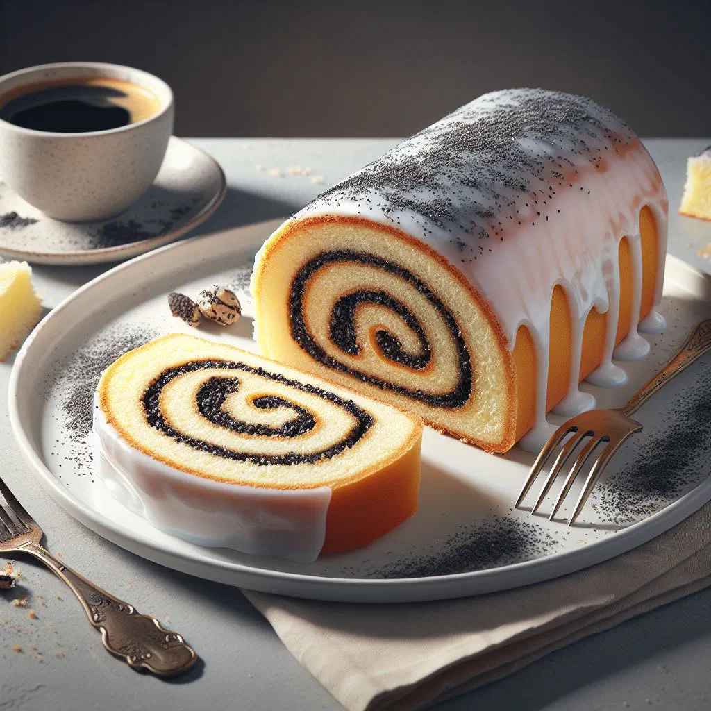 Sliced Serbian poppy seed roll dusted with icing sugar on a plate