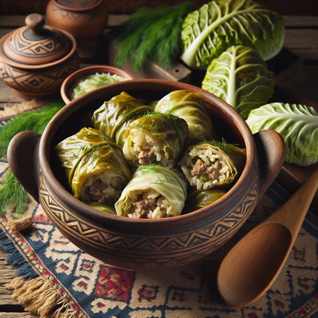 Rolls of stuffed sauerkraut leaves simmering in a pot of rich broth