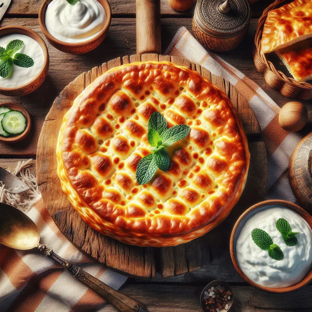 Golden Serbian sirnica cheese pastries garnished with fresh herbs