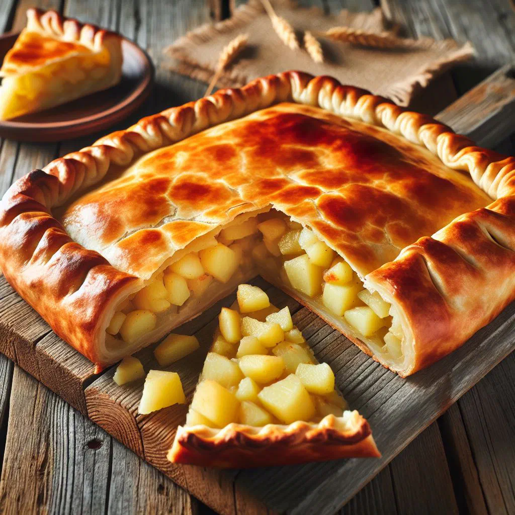 Golden baked Serbian potato pie cut into slices