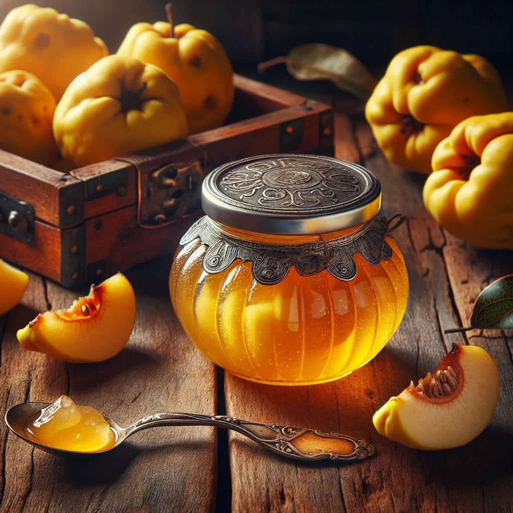 Amber quince preserve in a small glass jar served with a spoon