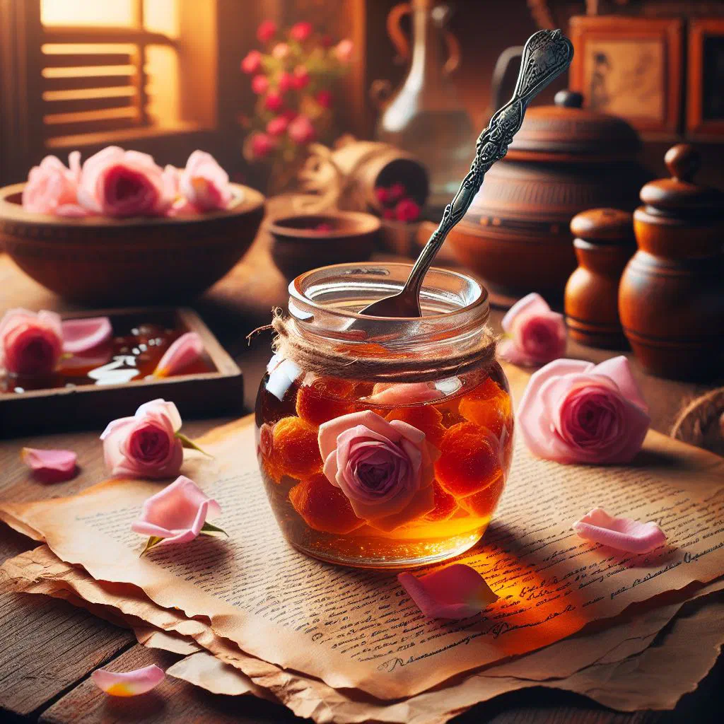 Deep pink rose petal jam in a glass jar with fresh rose petals