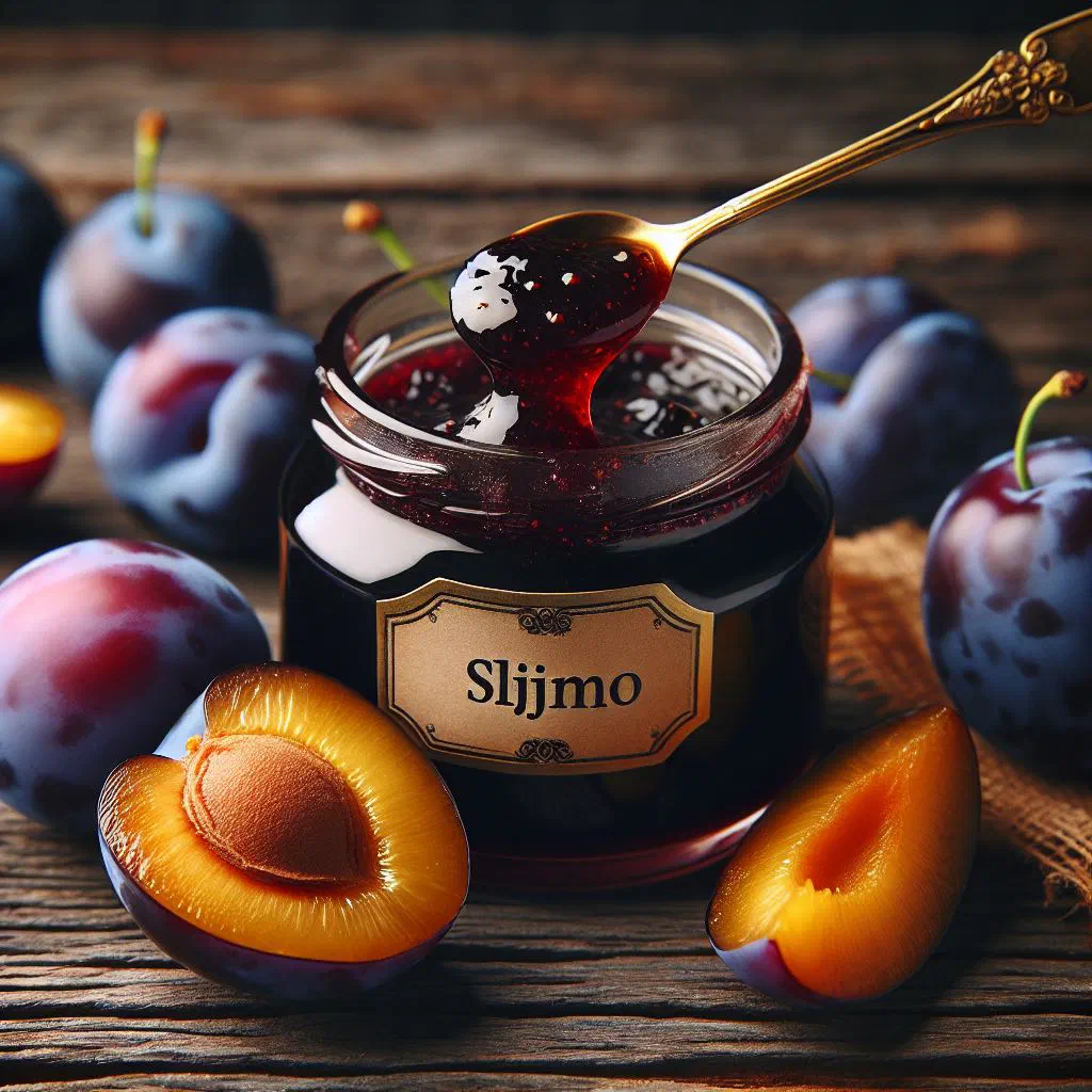 A glass jar of dark, glossy Serbian plum preserve served with a spoon