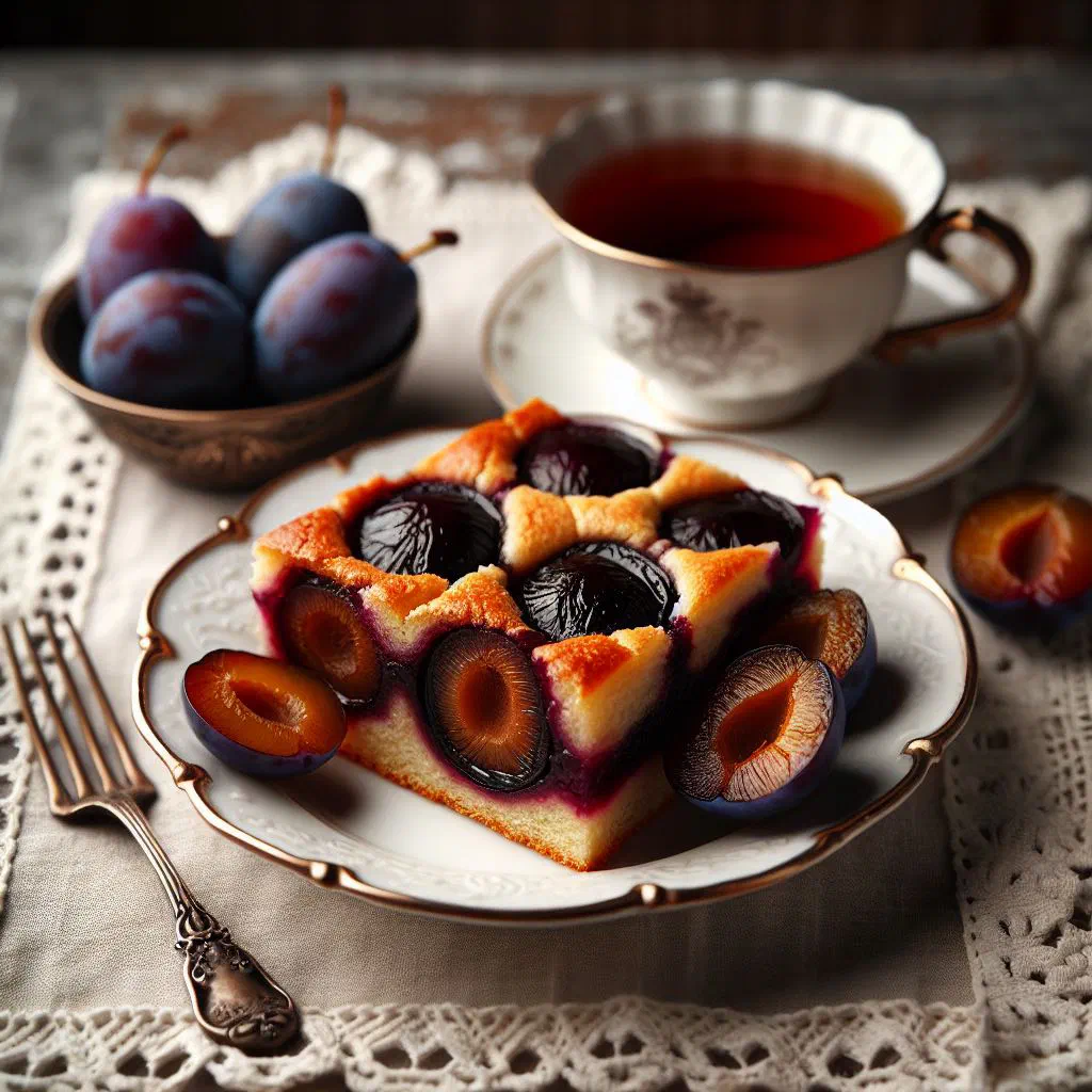 Golden-baked Serbian plum pastry dusted with icing sugar
