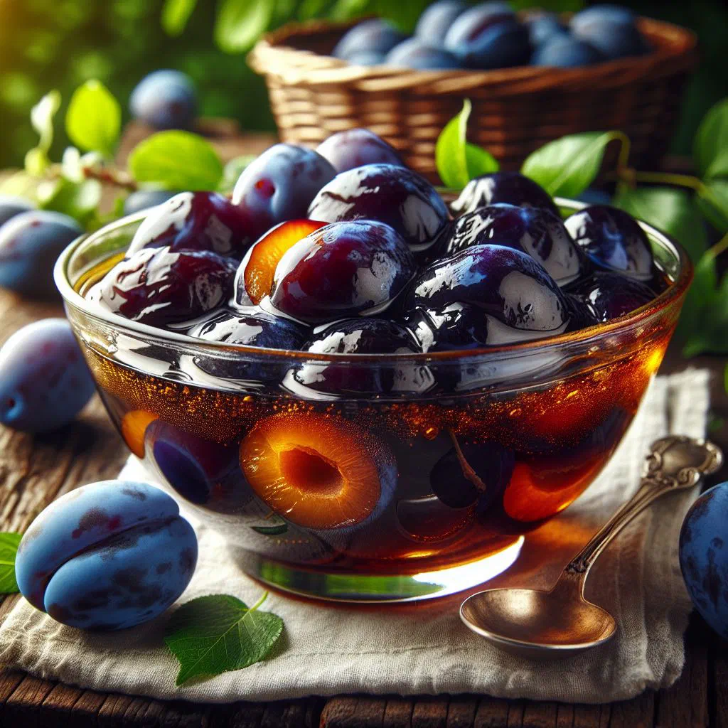 Serbian plum compote with cinnamon in a glass bowl
