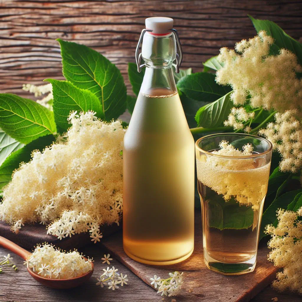 Golden elderflower syrup in a glass jug garnished with fresh flowers and lemon