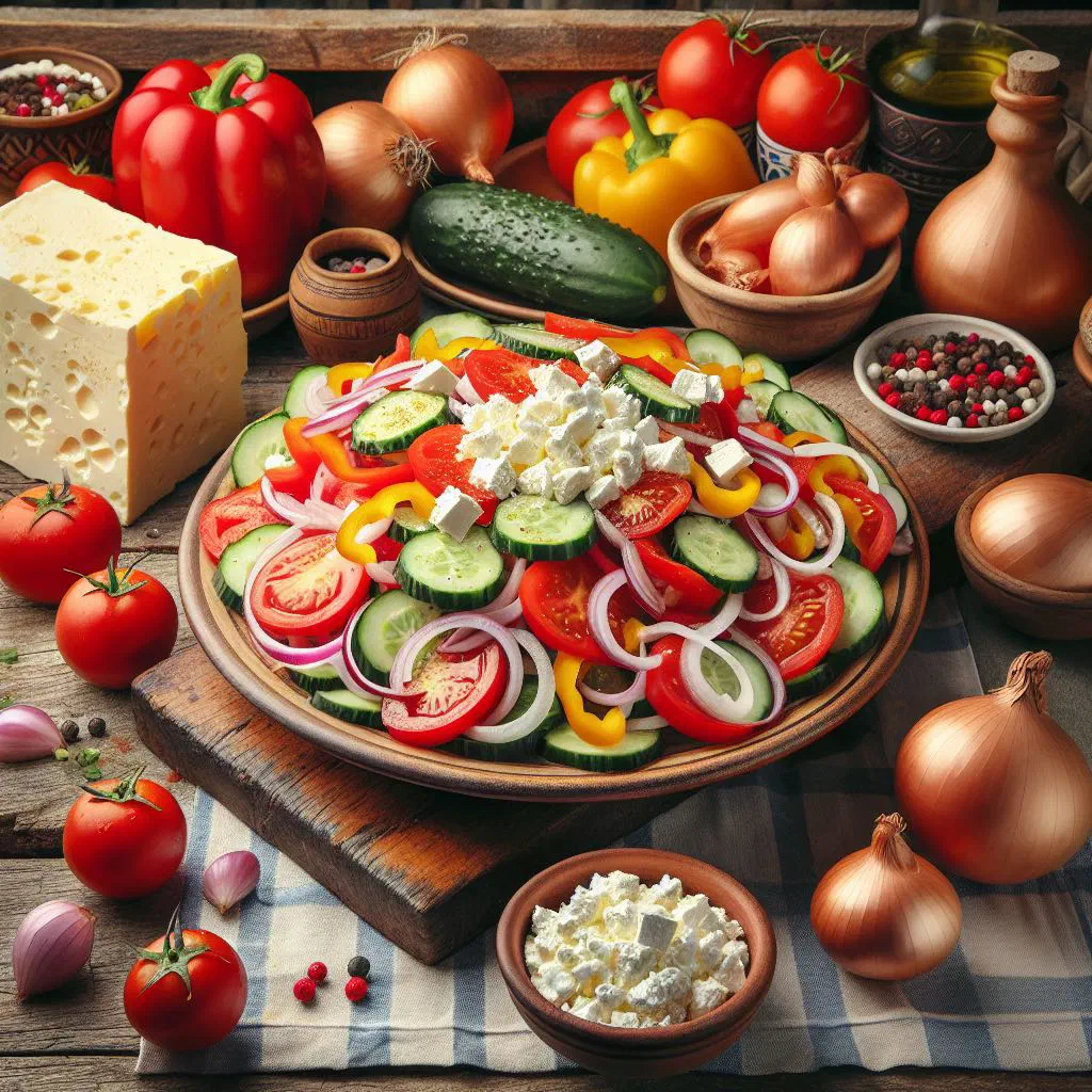 Bowl of Šopska salata with diced tomatoes, cucumber, peppers and crumbled feta