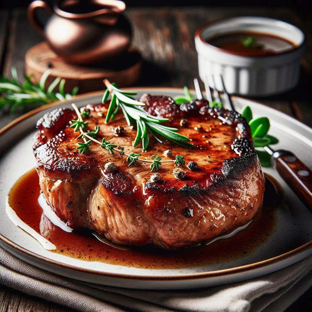 Grilled Serbian pork chops garnished with fresh herbs on a wooden board