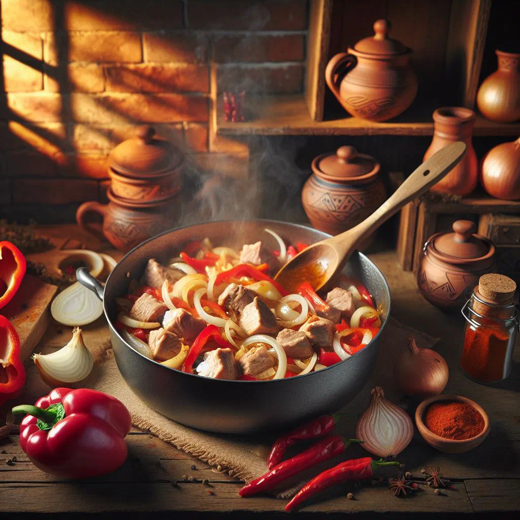 Serbian pork paprikash stew with peppers and paprika sauce garnished with parsley
