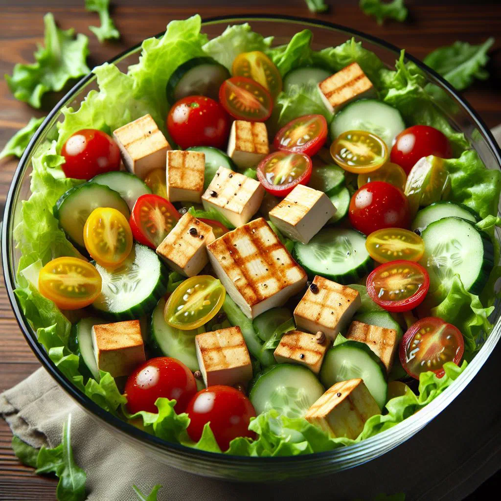 Fresh tofu salad with tomato, pepper and cucumber in a bowl