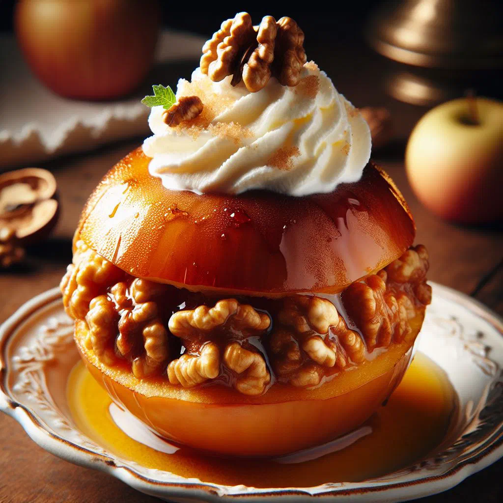 Baked apples filled with sweet walnut mixture and topped with nuts