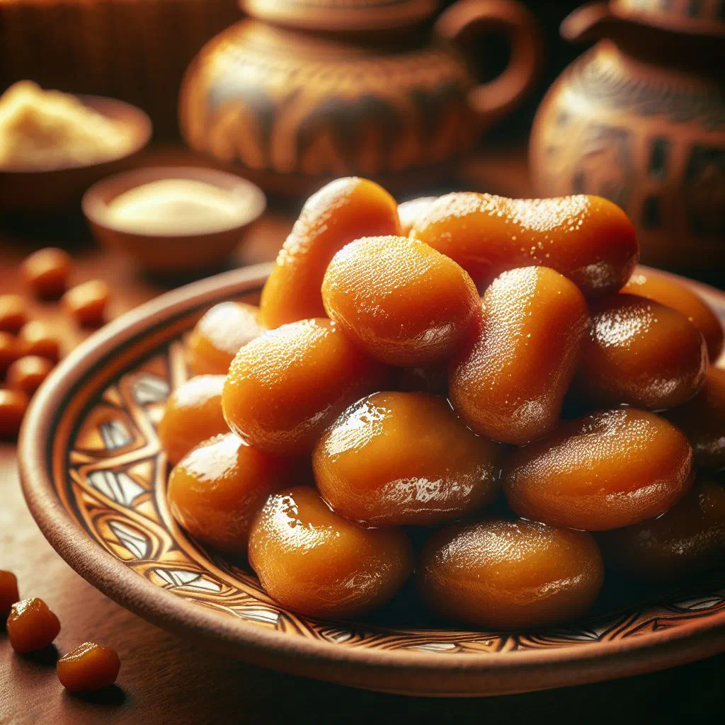 Golden deep-fried Tulumbe pastries soaked in sugar syrup on a plate