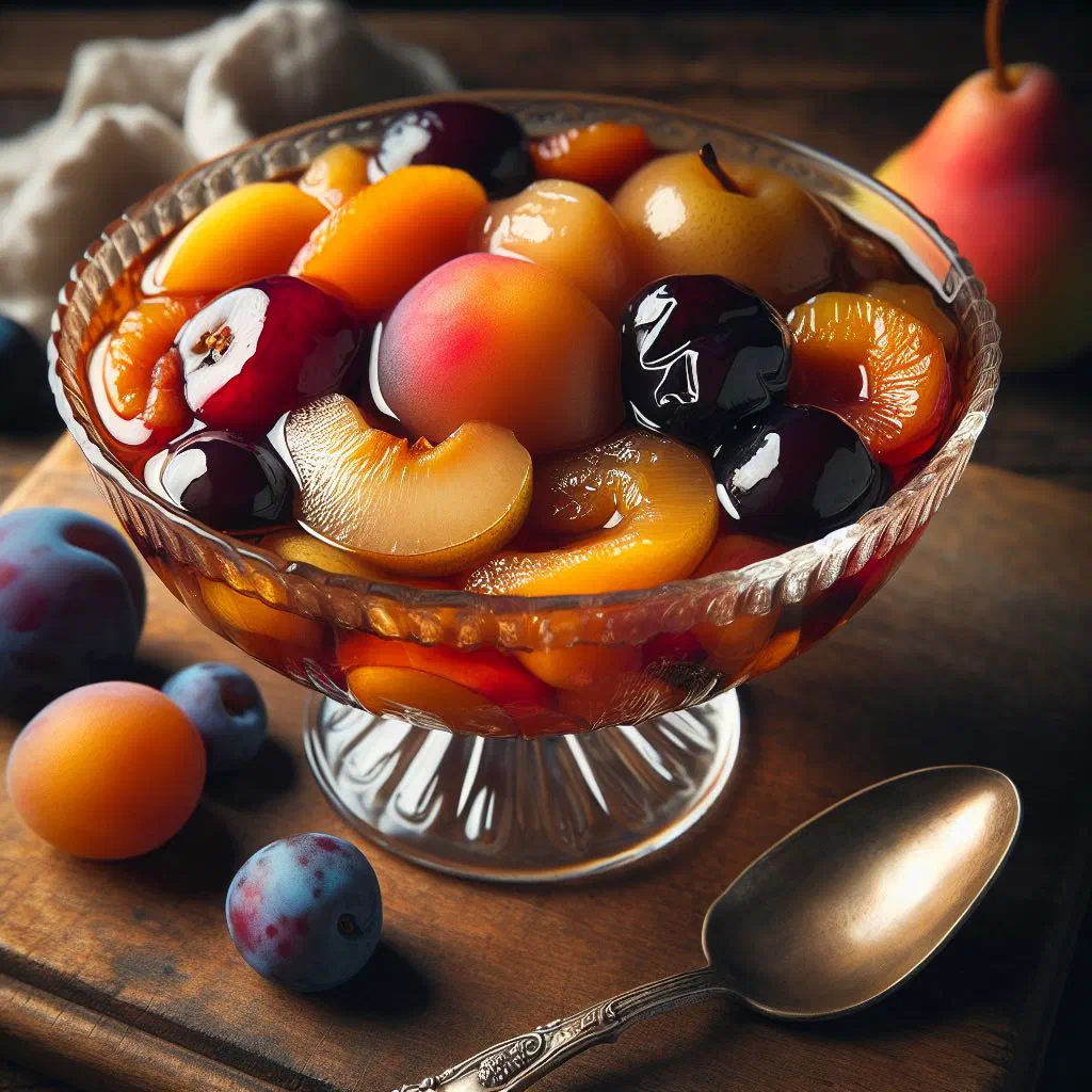 Serbian fruit compote with apple and pear pieces garnished with fresh mint