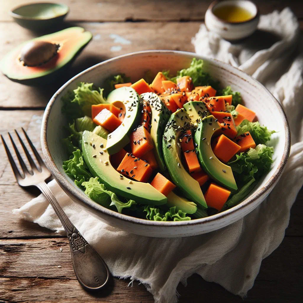 Bowl of diced avocado and papaya salad with lime and fresh mint