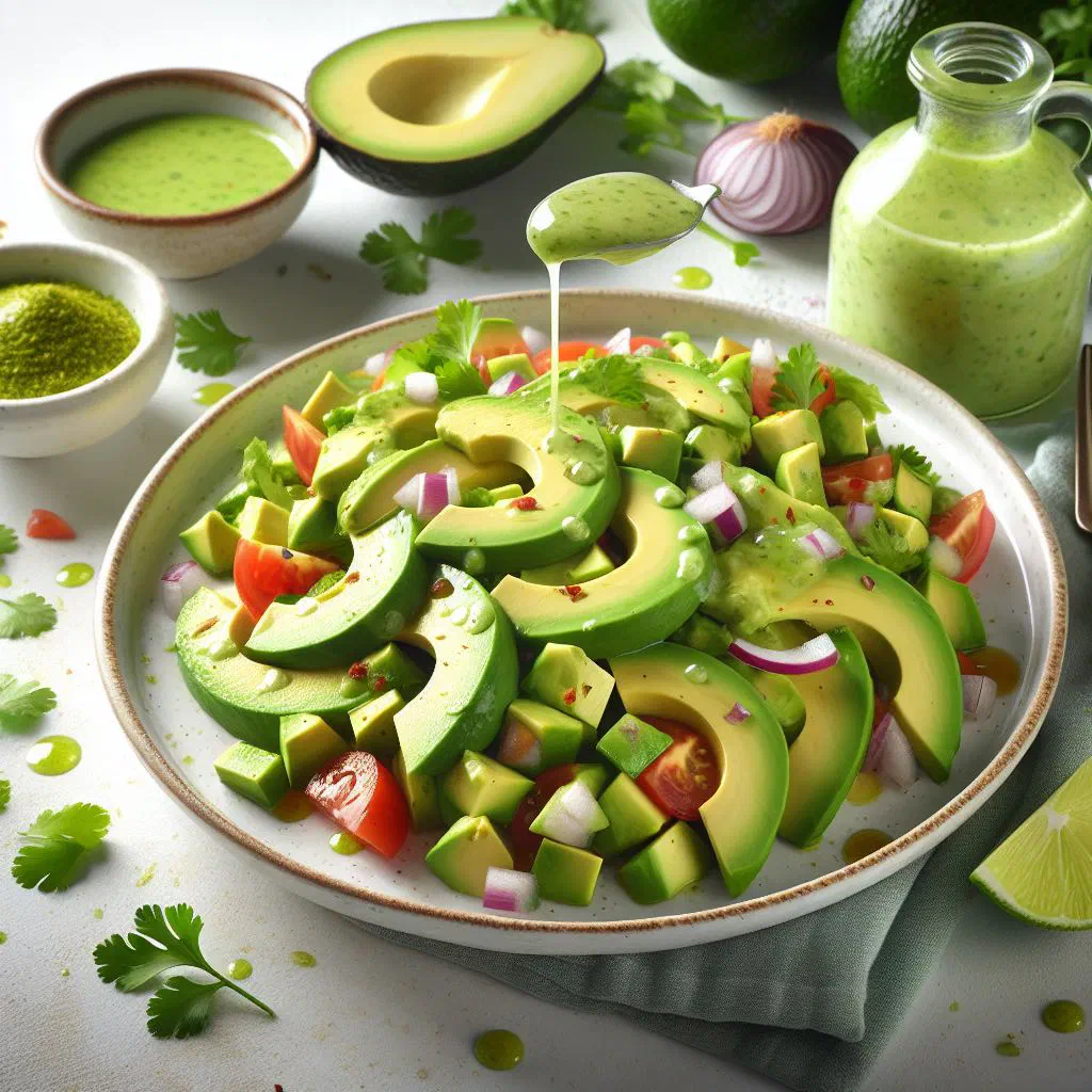 Diced avocado salad with cherry tomatoes, red onion and lime dressing