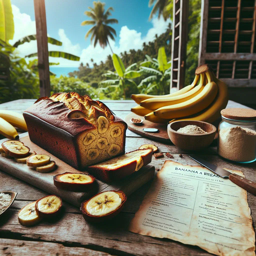 Sliced banana bread on a wooden board with fresh bananas