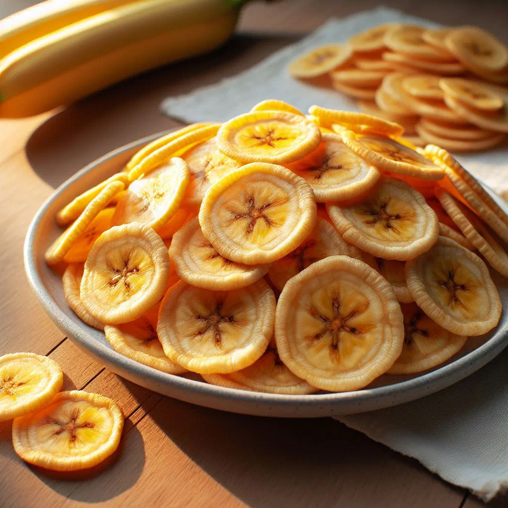 Golden crisp banana chips piled in a bowl