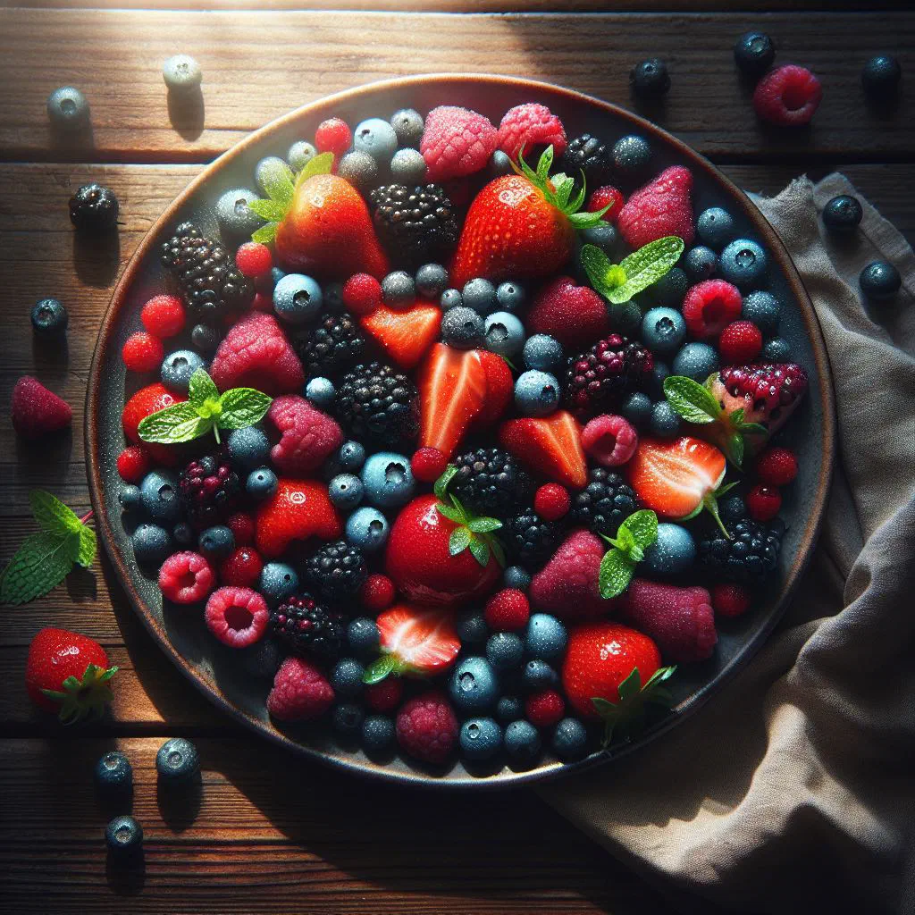 Colourful tropical fruit salad with strawberries, mango, pineapple and fresh mint