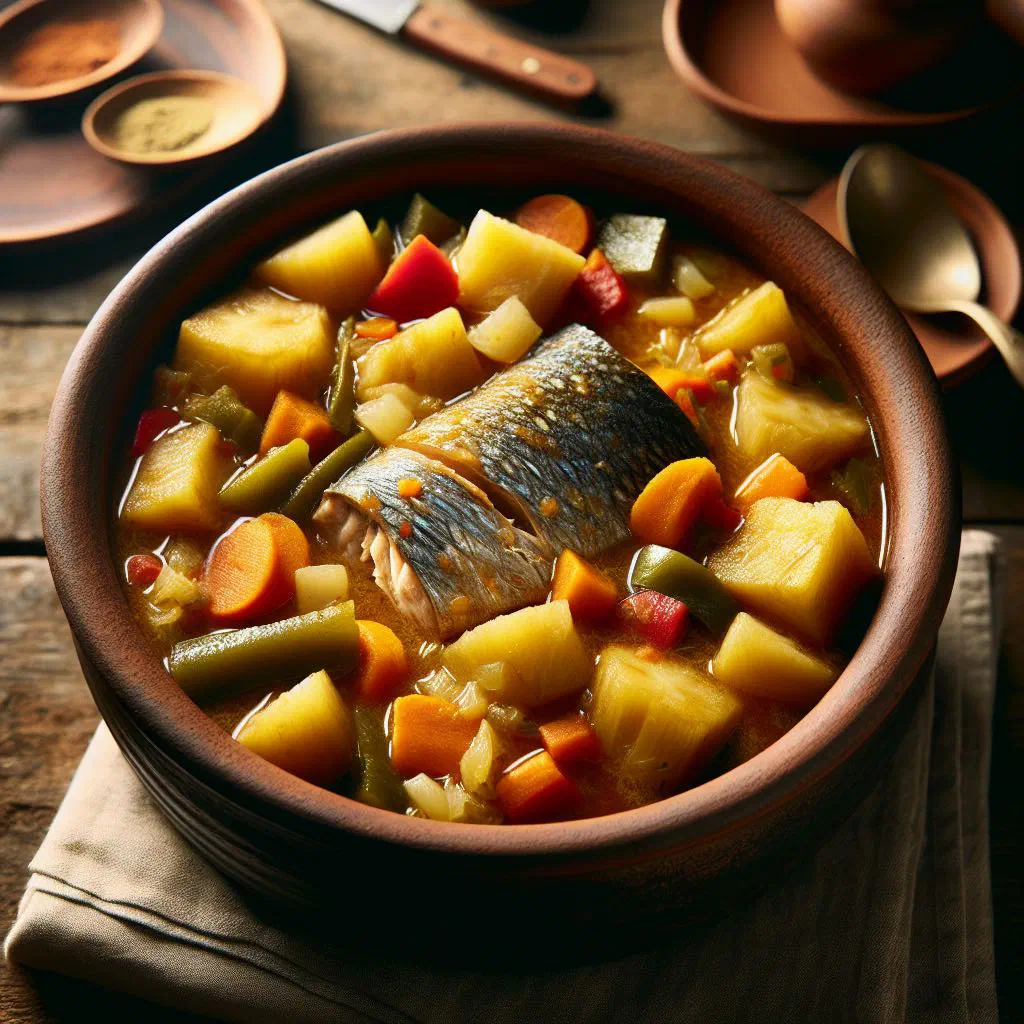 Breadfruit and fish stew in coconut broth, garnished with fresh herbs and lime