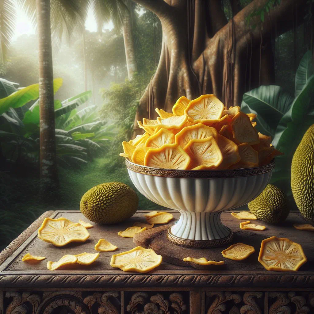 Golden crisp breadfruit chips piled in a bowl with sea salt
