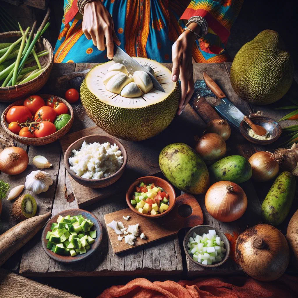 Breadfruit salad with diced tomato, onion and pepper in a bowl