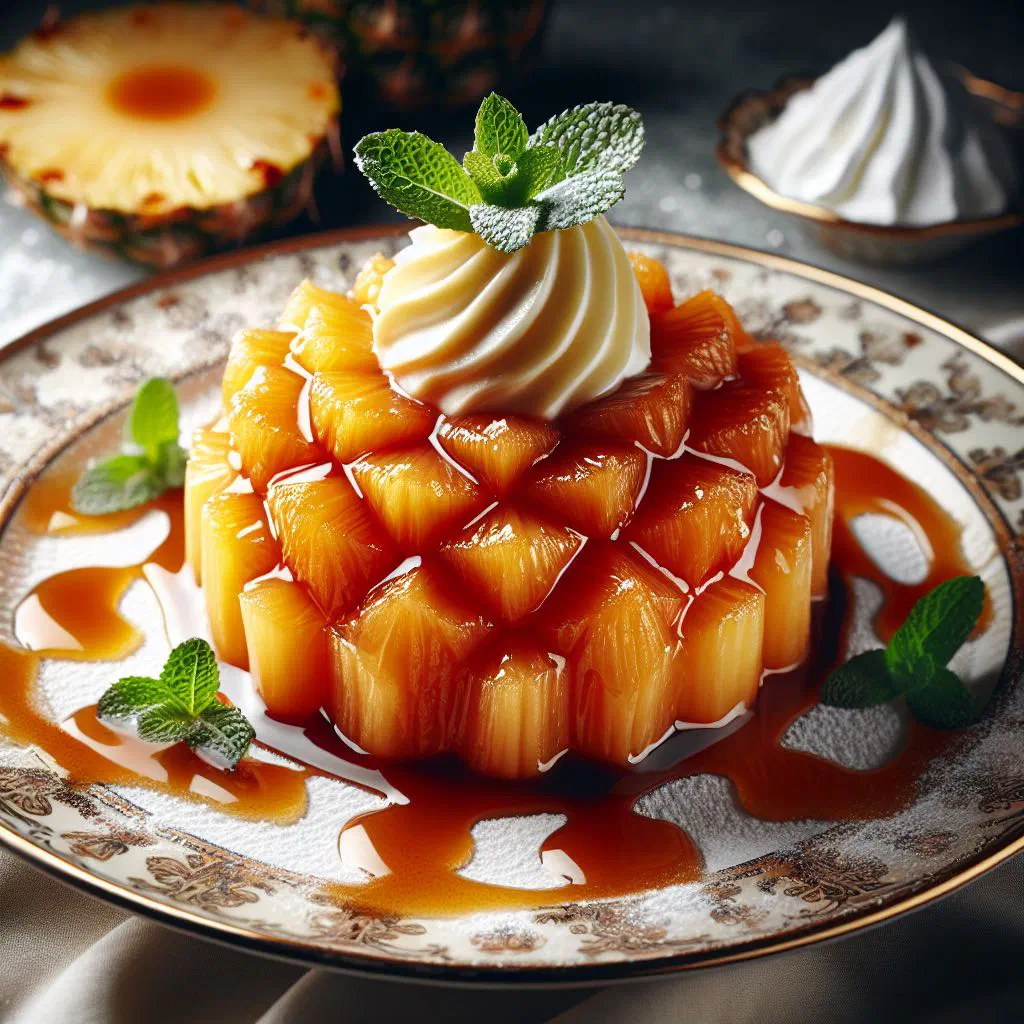 Golden caramelised pineapple slices with a scoop of vanilla ice cream