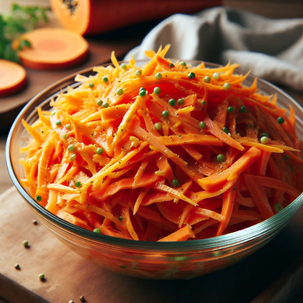 Bowl of shredded carrot and papaya slaw with lime dressing and fresh mint