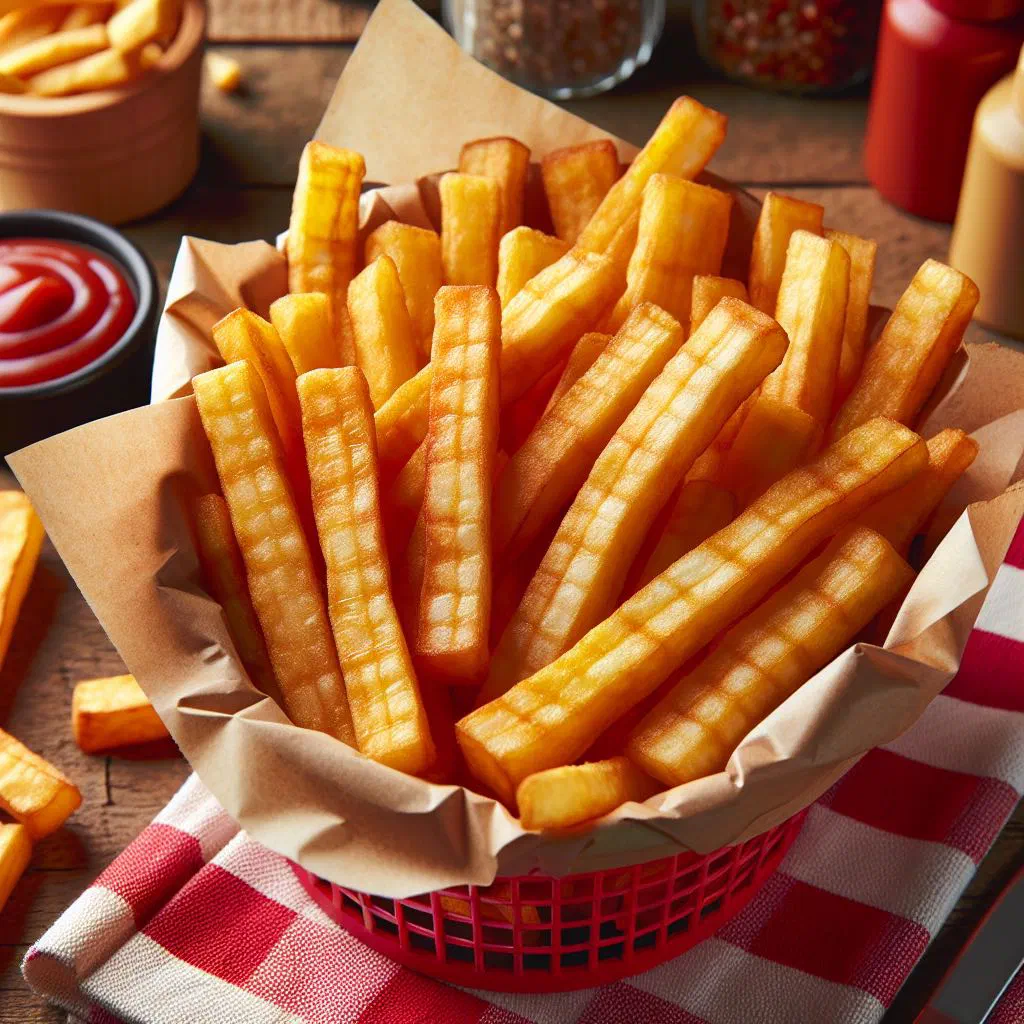 Golden crisp cassava fries piled on a wooden board with a dip