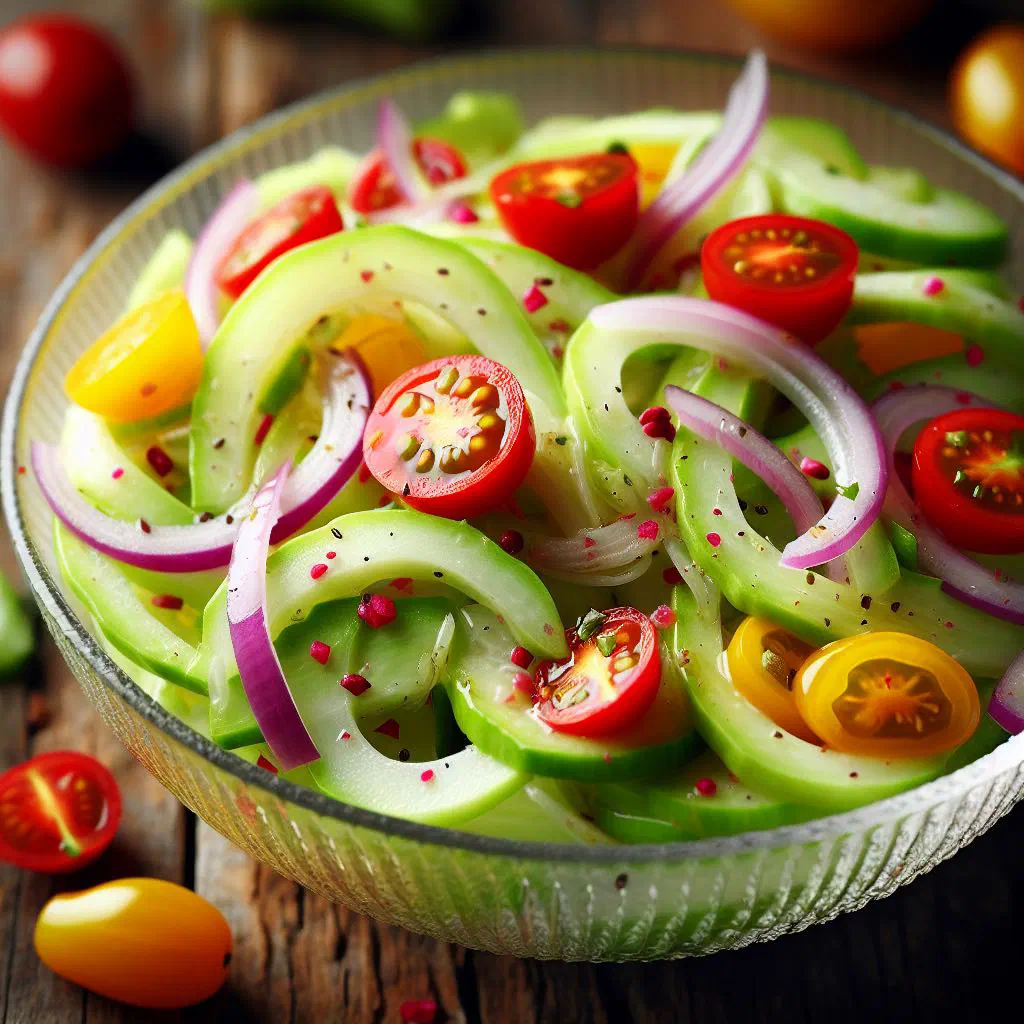 Fresh chayote salad with peppers, tomato and herbs in a bowl
