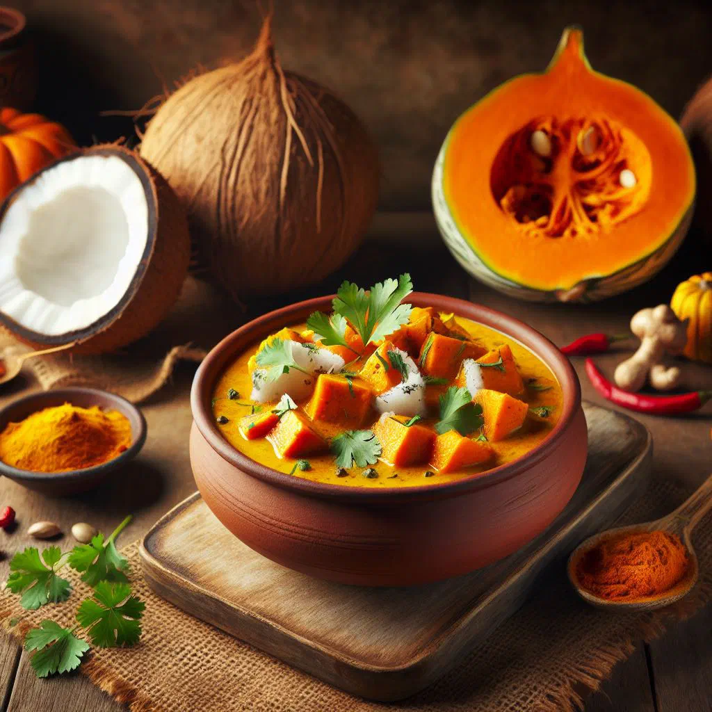 Golden coconut and pumpkin curry in a bowl topped with fresh coriander