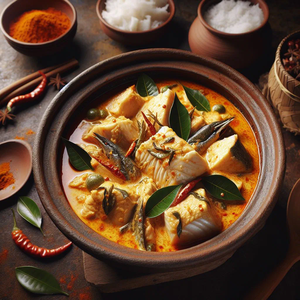 Coconut fish curry in a creamy sauce, garnished with fresh coriander