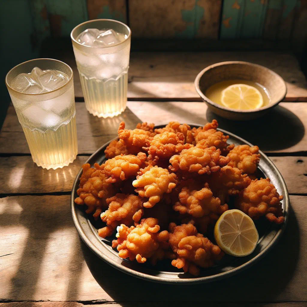 Golden conch fritters on a platter with lime wedges and dipping sauce