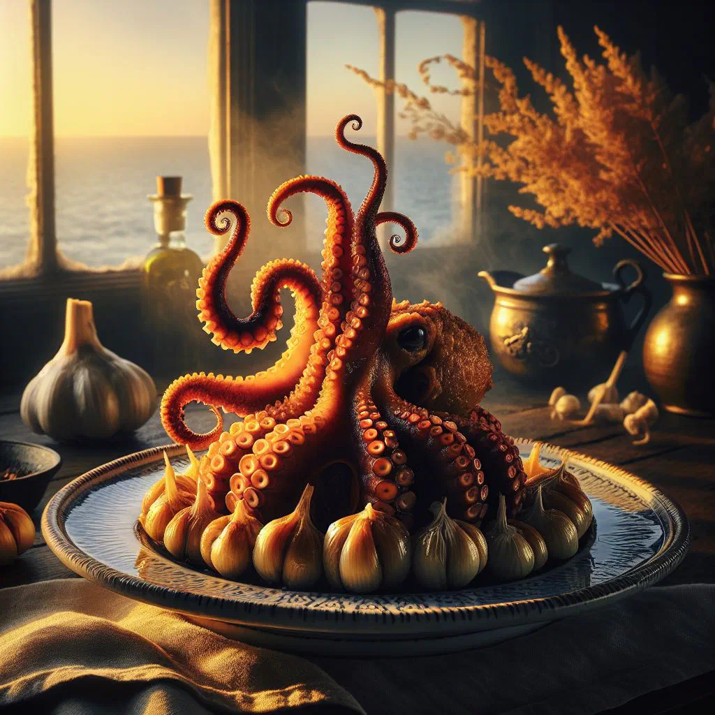 Pan-fried octopus pieces with golden garlic, lemon and fresh parsley