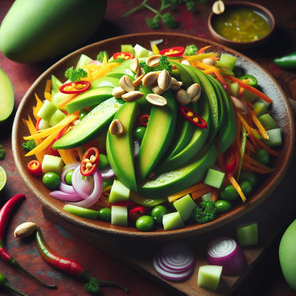 Green mango salad with shredded unripe mango, red pepper and fresh herbs
