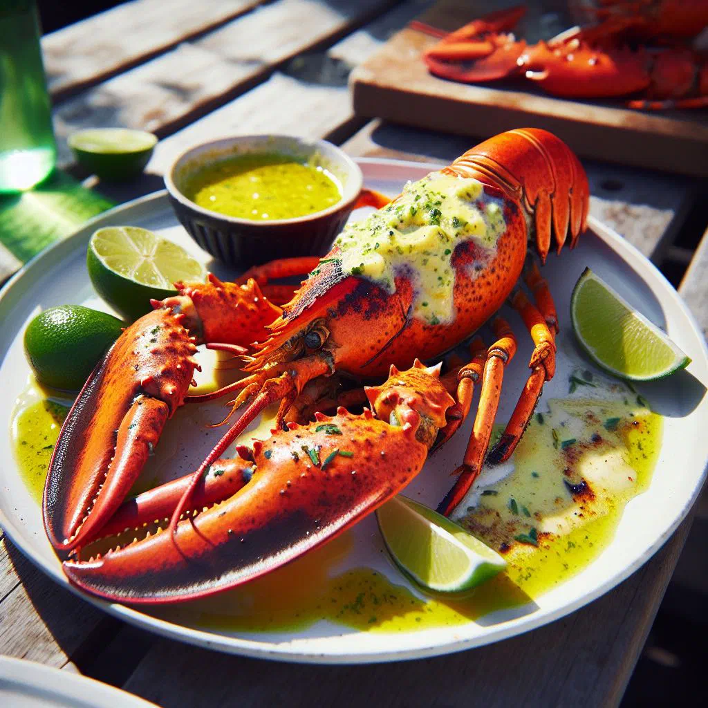Halved grilled lobster glazed with lime butter and fresh herbs