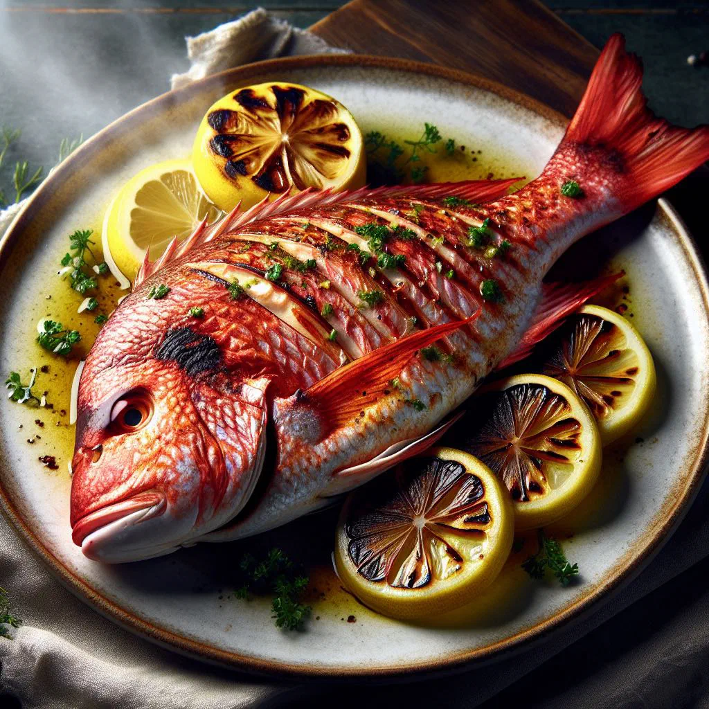 Grilled red snapper fillet with charred tropical vegetables and fresh herbs