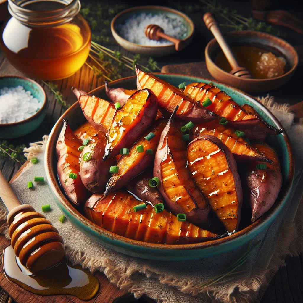 Roasted honey-glazed sweet potato cubes garnished with fresh herbs