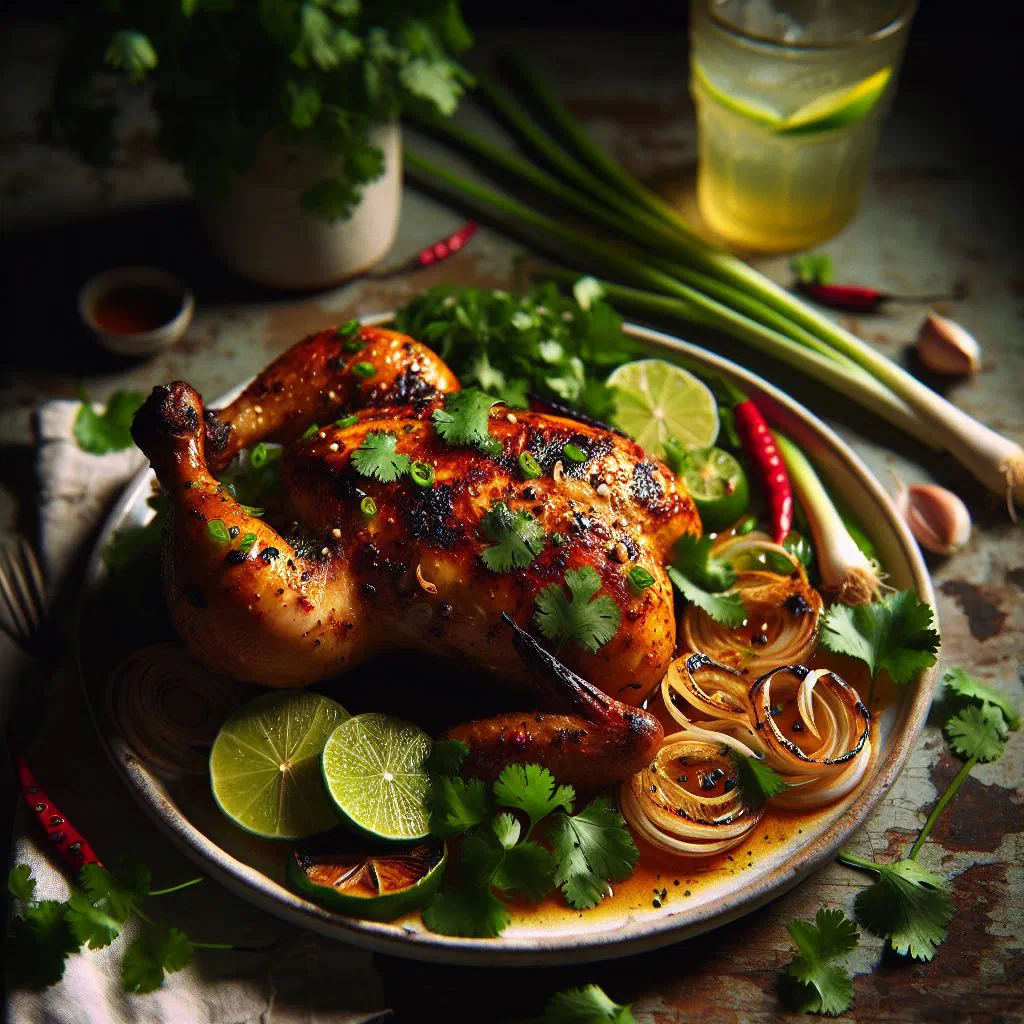 Lemongrass chicken pieces with chilli and fresh coriander in a pan