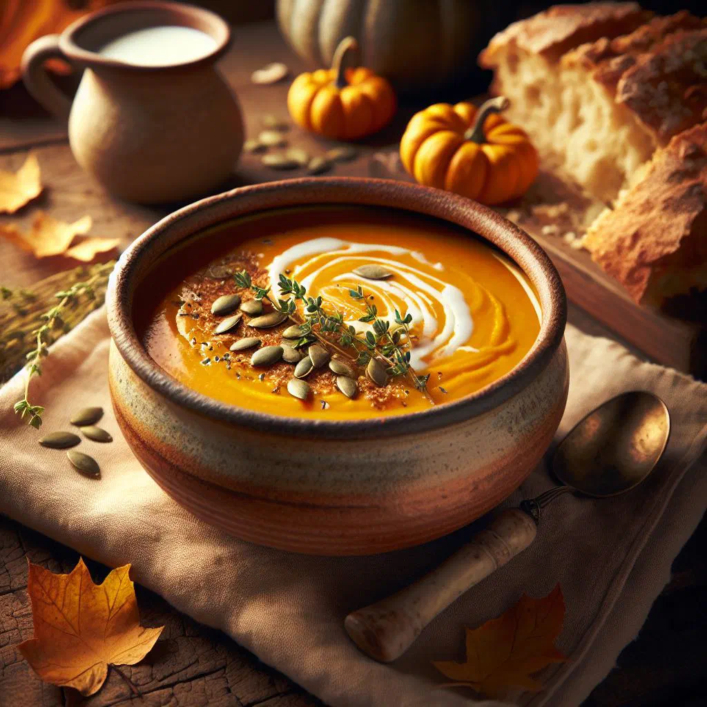 Creamy pumpkin and coconut soup in a bowl, garnished with fresh coriander