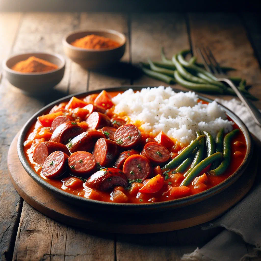 Sliced sausage simmered in a rich tomato sauce, garnished with fresh coriander