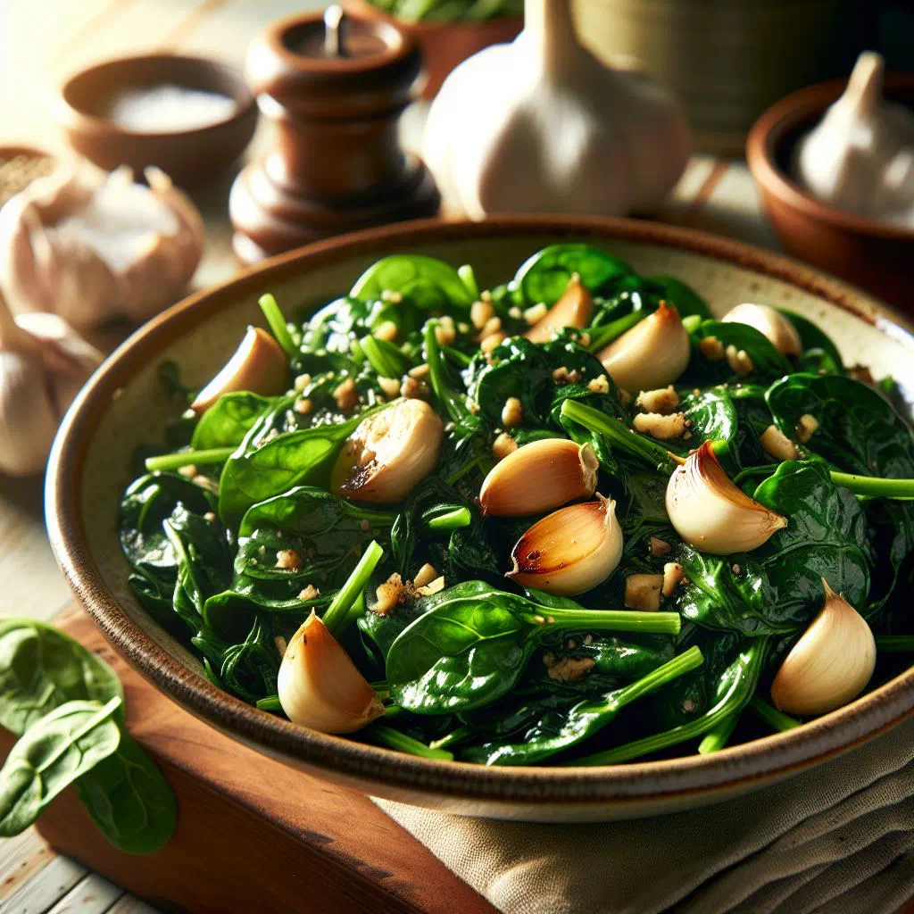 Sautéed spinach with sliced garlic in a pan, finished with lemon