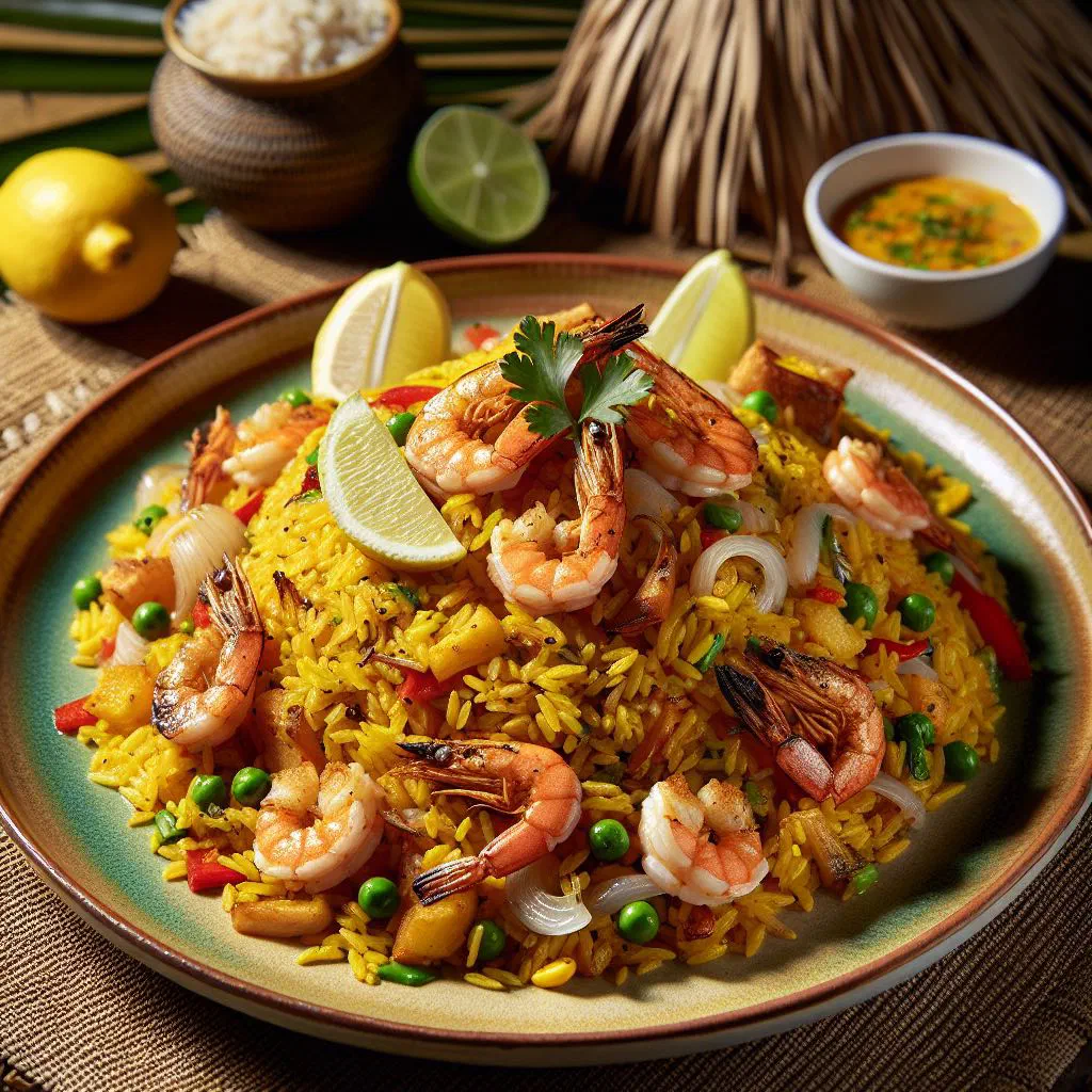Seychellois fried rice with mixed vegetables and fresh herbs in a bowl