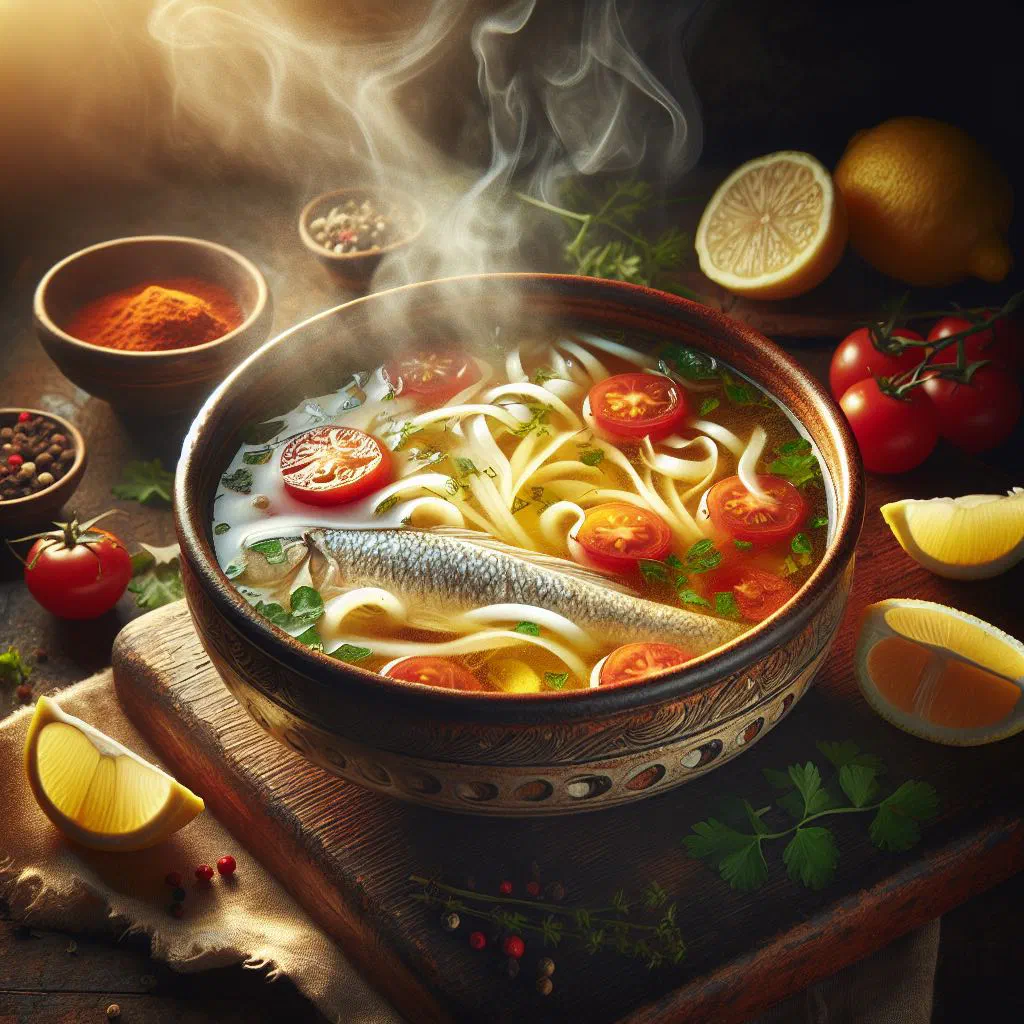 Bowl of Seychellois sour fish soup with lime and fresh herbs