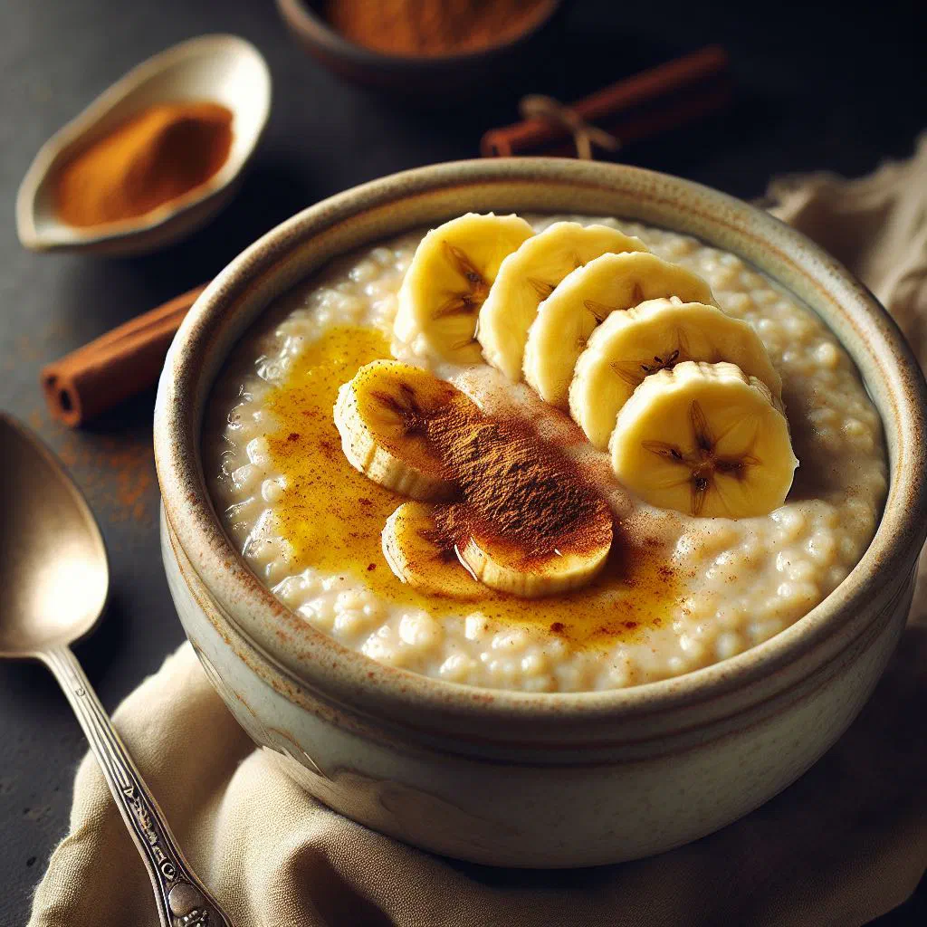 Creamy spiced banana porridge in a bowl topped with fresh banana slices and coconut