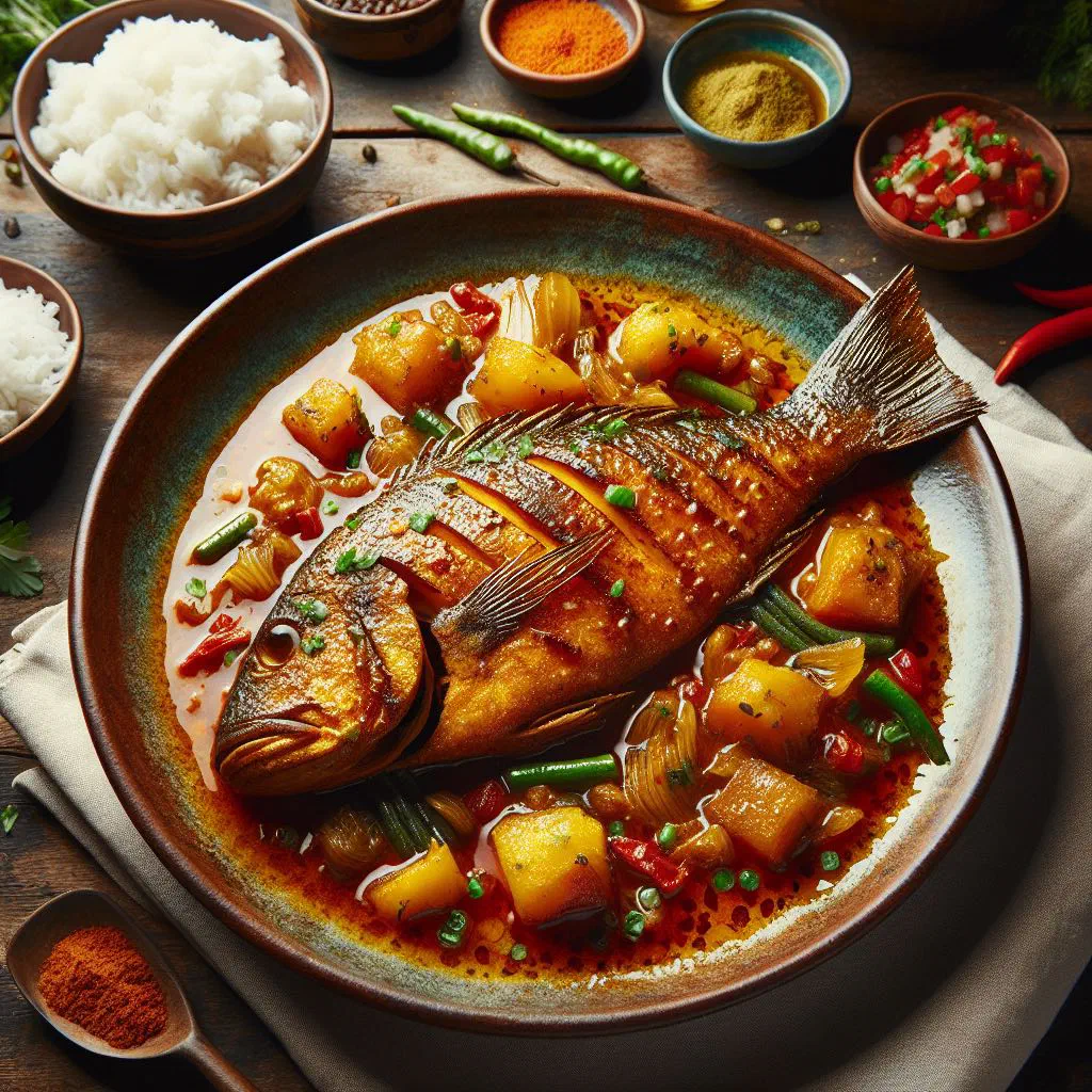 Pan-fried fish pieces with red and yellow peppers in a glossy sweet and sour sauce, garnished with coriander