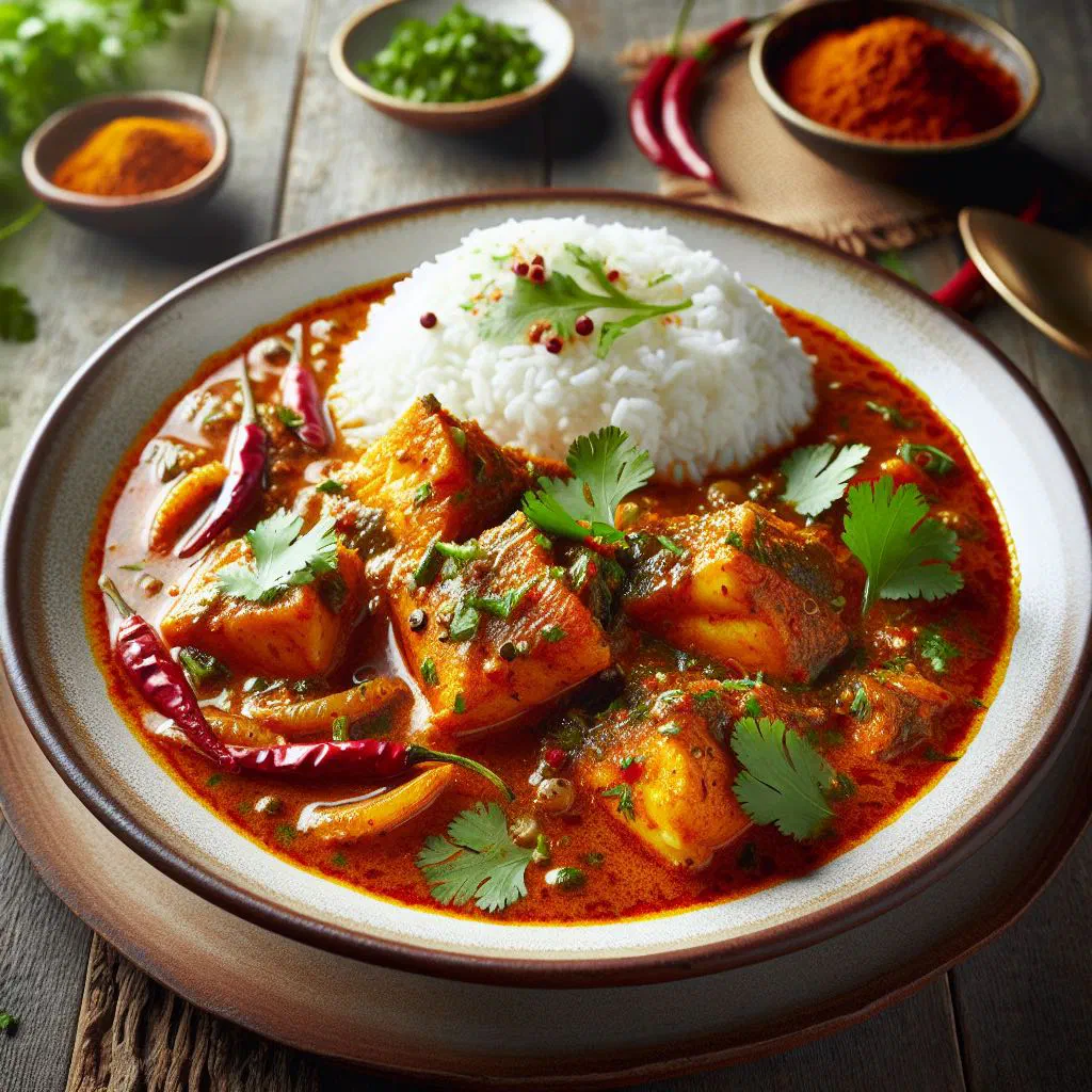 Tamarind fish curry in a deep bowl with coconut sauce and fresh coriander