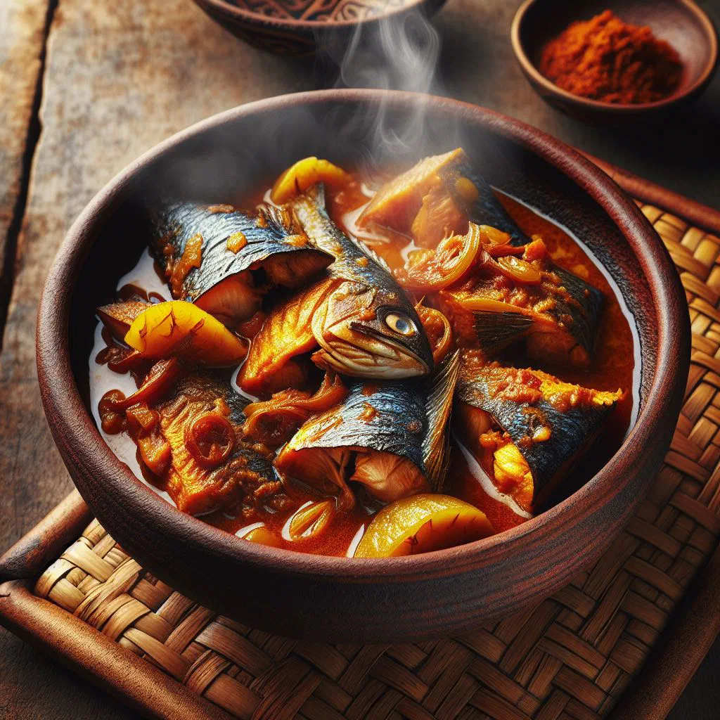 Tamarind fish stew in coconut sauce garnished with fresh coriander