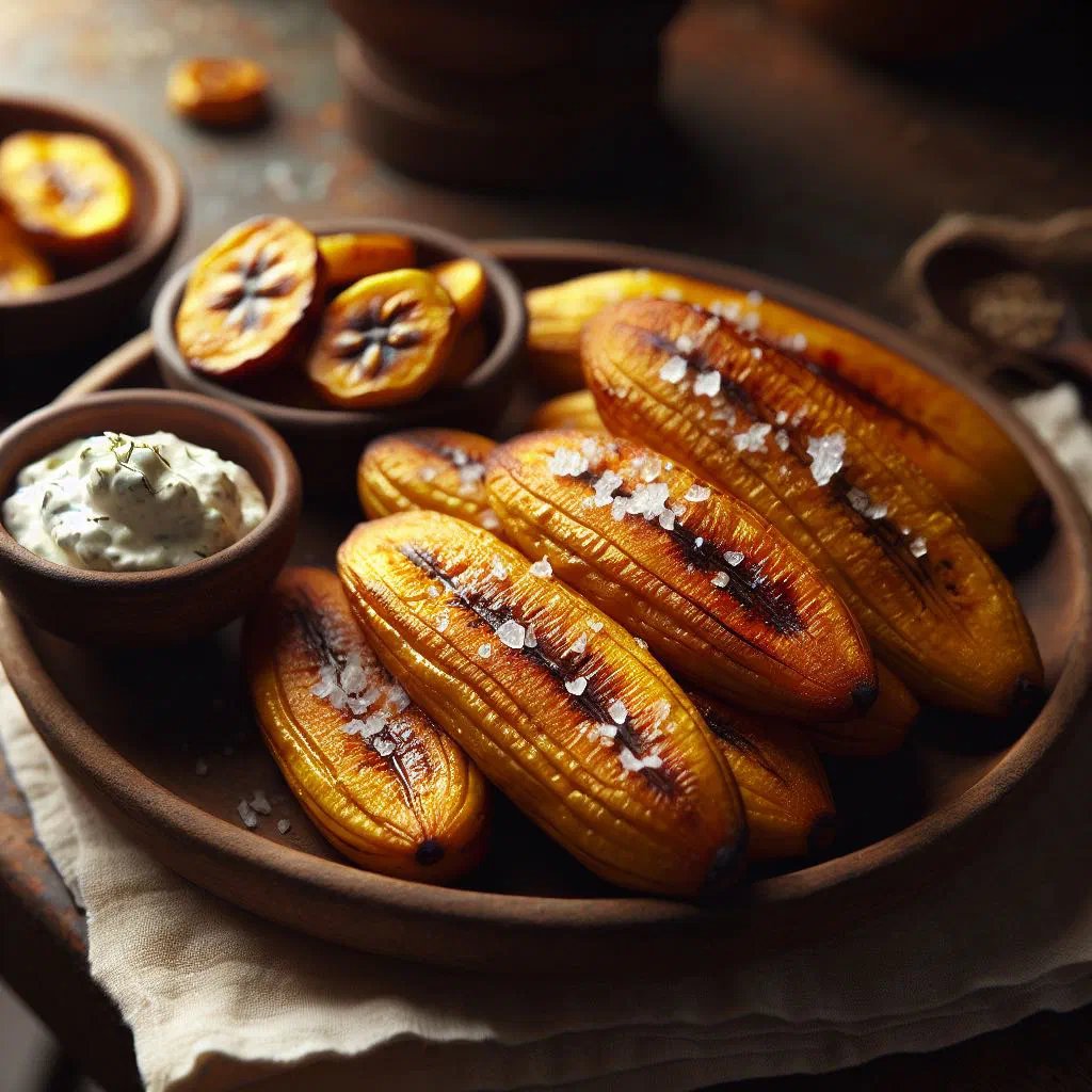 Golden baked plantain slices on a baking tray