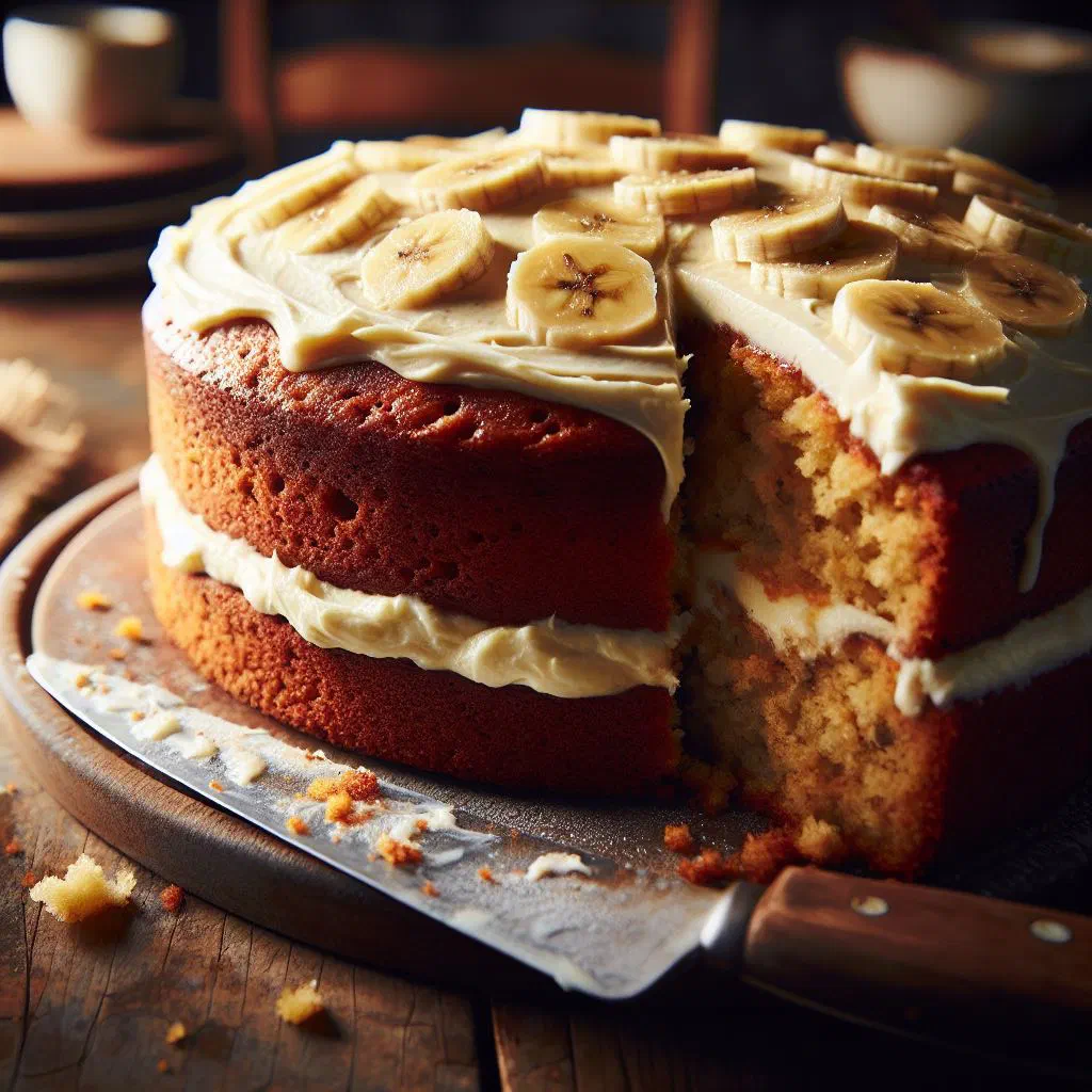Slices of golden banana cake made with ripe bananas