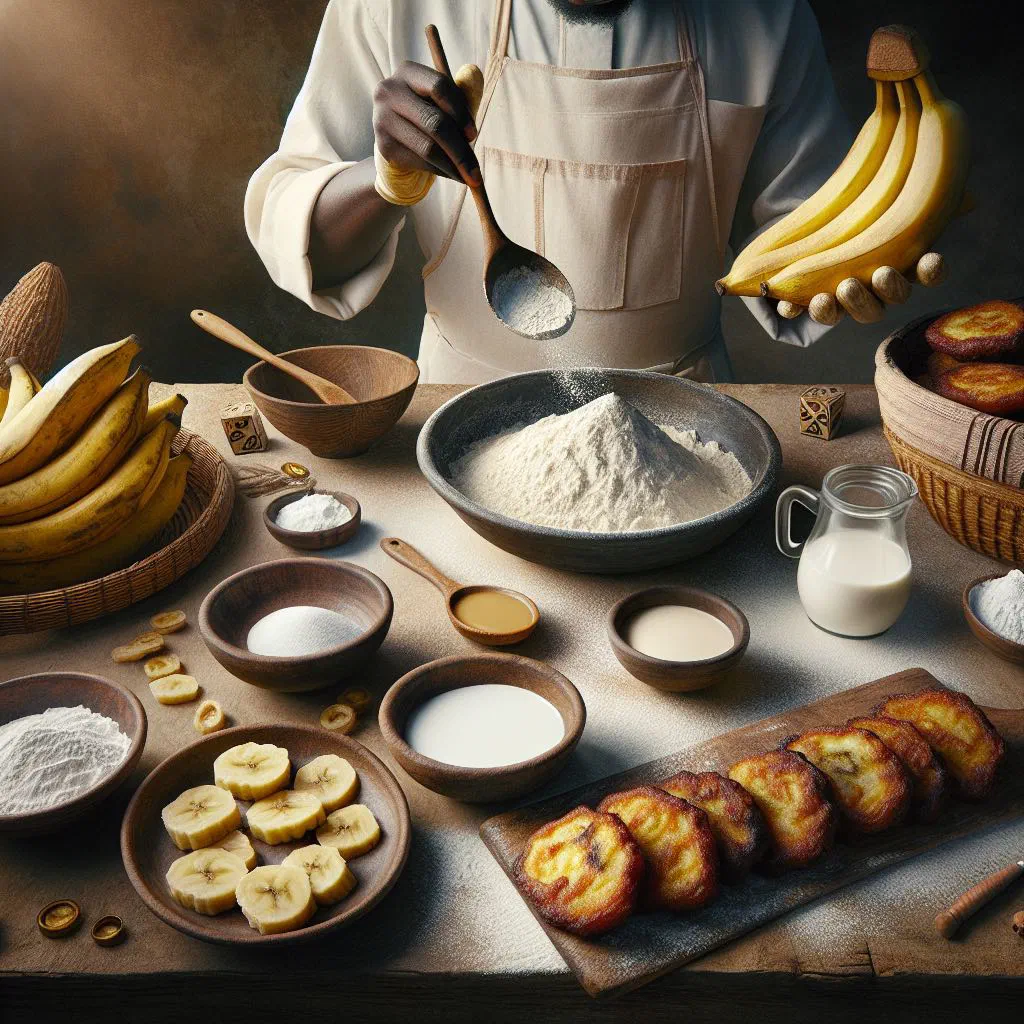 Golden deep-fried banana fritters dusted with sugar on a plate